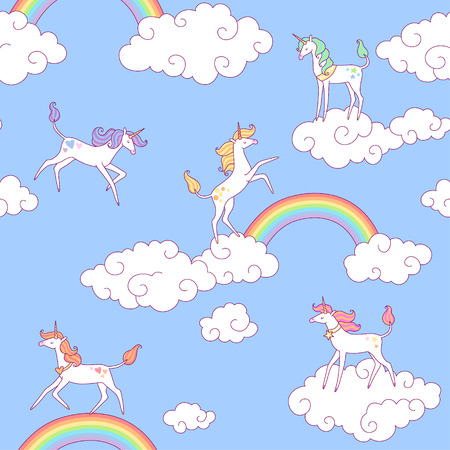 White unicorns and clouds in the  blue sky. Seamless pattern for your design.のイラスト素材