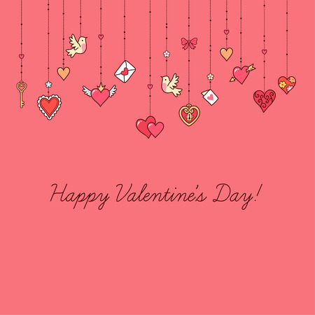 Little hanging hearts and other decorations on pink background.  Greeting card for Valentine's day.のイラスト素材