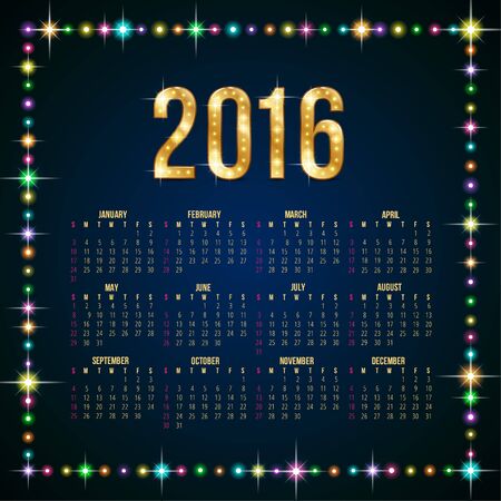 Calendar for 2016 on dark blue background in a frame of multicolor glowing lightsのイラスト素材
