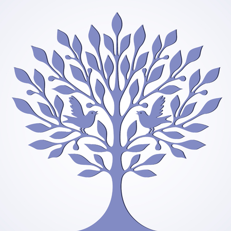 Two little birds sitting on a branch of the blue tree on a light background. Stylized symbol for your designのイラスト素材