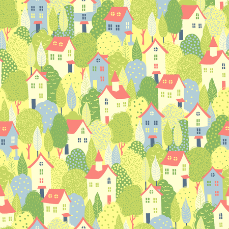 Nice houses in the green trees. Spring seamless pattern for your designのイラスト素材