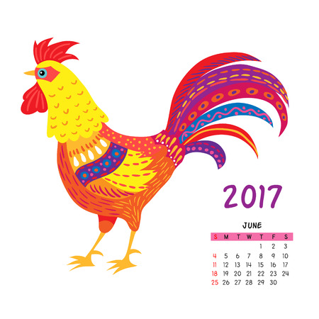 Calendar for june 2017 isolated on white,  with the rooster - symbol of the year.のイラスト素材