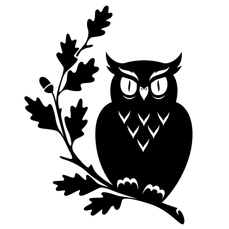 Owl sitting on the oak branch. Black illustration isolated on white backgroundのイラスト素材