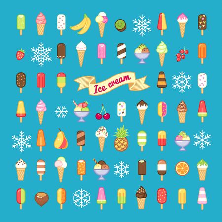 A variety of ice cream on a blue background. Set of flat icons for your designのイラスト素材