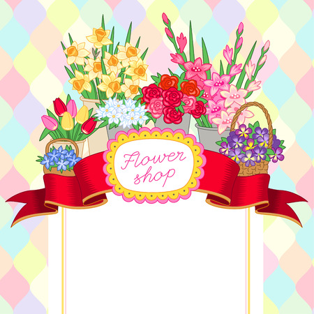 Design of template for flower shop. Red ribbon with the title and bouquets of flowers on multicolor backgroundのイラスト素材