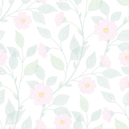 Embroidered flowers and leaves on white background. Light seamless pattern for design and textileのイラスト素材
