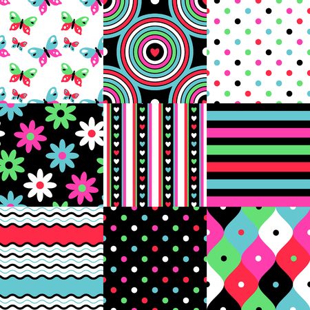 Simple ornaments at the style of pop. Set of  abstract seamless patterns for textile and designのイラスト素材
