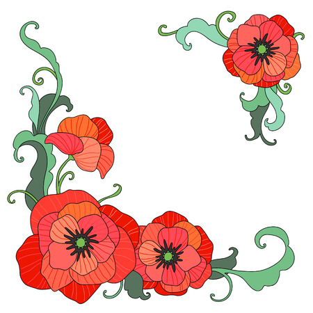 Red poppies. Elegant floral corners for design and decoration isolated on white backgroundのイラスト素材