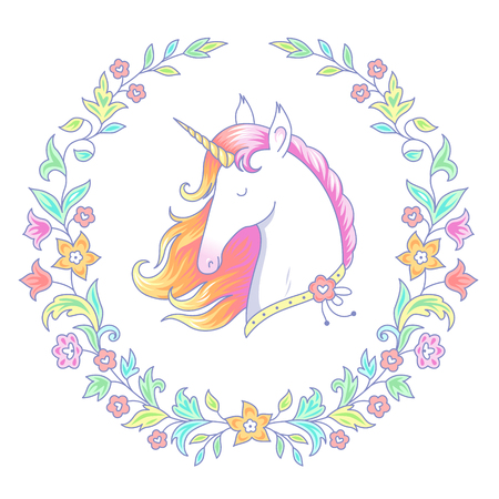 Head of white unicorn in round floral frame. Cartoon character isolated on white backgroundのイラスト素材