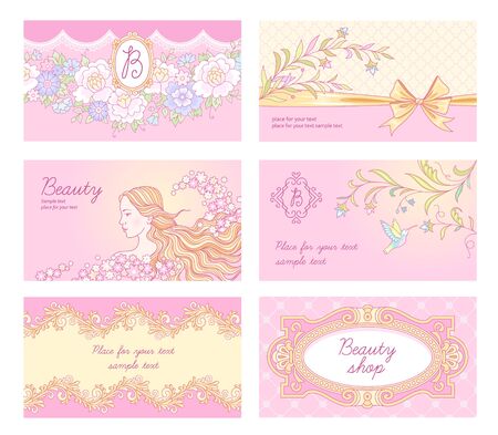 Set of glamour backgrounds for beauty salon isolated on white. Vintage cards with flowers and cute decorative elements for design and decoration.のイラスト素材