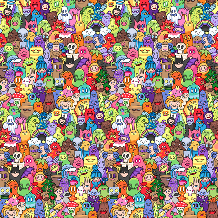 Doodle style emotional creatures. Seamless multicolor pattern for textile, design and decoration
のイラスト素材