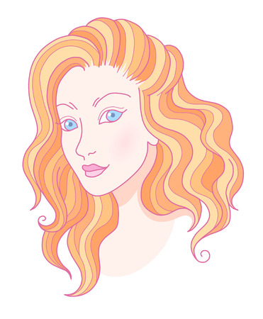 Portrait of young beautiful girl with red curly hair. Cartoon illustration isolated on white background
のイラスト素材