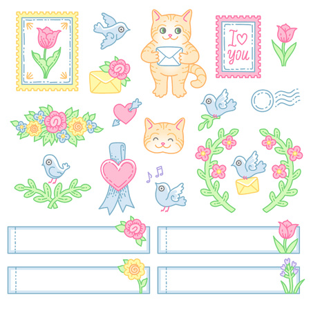 A set of cute decorative elements, characters and stickers for the design of postal envelopes. Illistrations at cartoon style isolated on white background

のイラスト素材