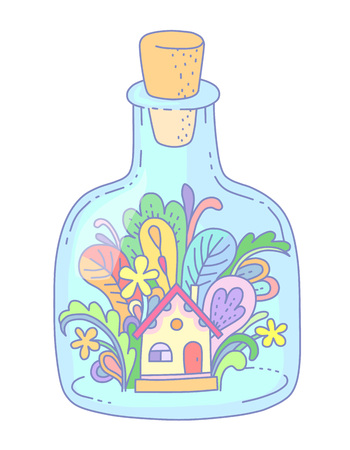 A tiny house with fantastic plants inside a glass bottle.  illustration at cartoon style isolated on white backgroundのイラスト素材
