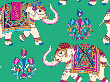 Indian style ornament  with white elefpants and floral elements on green background. Seamless pattern for textile and decorationのイラスト素材