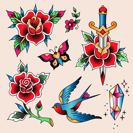 Set of  color tattoos at traditional vintage style. Rose flowers and swallow birdのイラスト素材