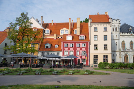 A beautiful view of colored houses in Livu Square in Riga, Latviaの写真素材