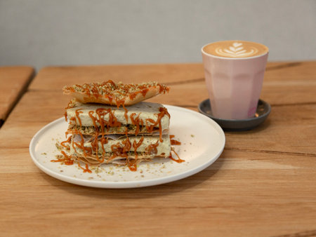 Coffee and cake on a wooden table. Selective focus.
