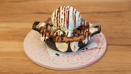 Ice cream with chocolate sauce and banana on the wooden table background.