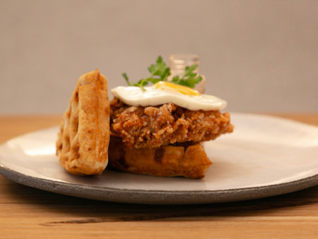 Fried pork with egg on plate on wooden table, closeupの写真素材