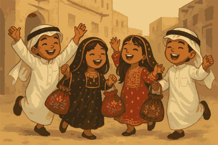 Cute vector illustration of children celebrating Garangao while holding sweets bags in traditional clothing. Cultural Ramadan celebration artwork for educational and festive use.のイラスト素材