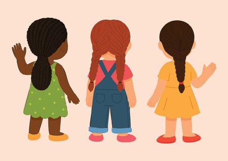 Vector illustration showing children characters from the back view for character design reference. Useful for animation sheets, storybooks, and educational illustrations.のイラスト素材