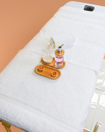 Spa massage table with towels, candle and oil in spa salonの写真素材