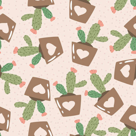 Cute cactus hand-drawn pattern. Seamless background of houseplant. Green cactus in pot. Vector illustration.のイラスト素材