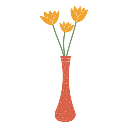 Cute yellow tulip flower in red vase isolated on white background. Spring concept. Flat vector illustration.のイラスト素材