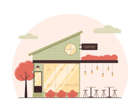 Cozy coffeehouse in the city. Warm coffee in cold autumn. Flat design concept.のイラスト素材