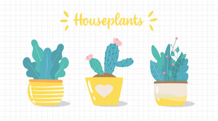 Set of cute hand-drawn houseplants. Potted plants collection. Vector illustration of plants in yellow pots. Icons of decorative plants in Scandinavian style.のイラスト素材