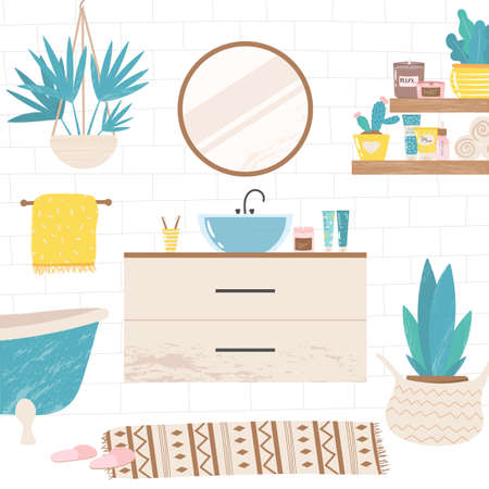 Modern bathroom interior in Scandinavian style. Restroom furnished with wash basin, bathtub, mirror and hygiene products. Cute vector illustration of white and light home. Hygge and boho style.のイラスト素材