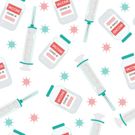 COVID-19 vaccination concept. Seamless pattern of syringe with vaccine against coronavirus.のイラスト素材
