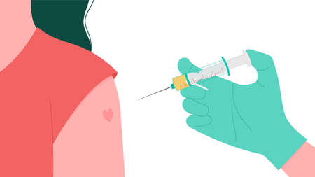 Concept of immunization against virus. Doctor in protective medical glove gives the vaccine against virus with a syringe. Shape of heart as a symbol of vaccine safety.のイラスト素材