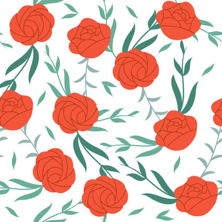 Floral seamless pattern. Red roses and green plants on white background.のイラスト素材