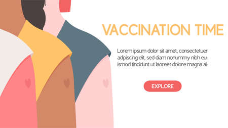 virus  vaccination concept. Shoulders of virus vaccinated people with shape of heart. Vaccination time web banner template.のイラスト素材
