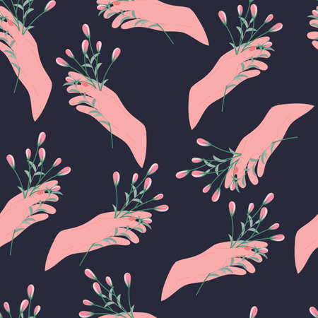 Elegant seamless pattern of hand holding blooming flowers on dark background. Floral vector illustration.のイラスト素材