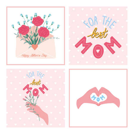 Mother's Day greeting cards set. Colourful bouquet of spring flowers in cute envelope. Bouquet of elegant flowers in hand. Hand heart gesture with "Mom" lettering inside.のイラスト素材