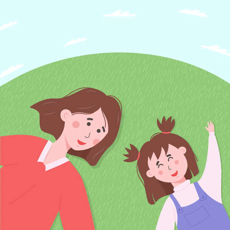 Mother and daughter laying on the grass under blue sky with clouds. Motherhood concept.のイラスト素材