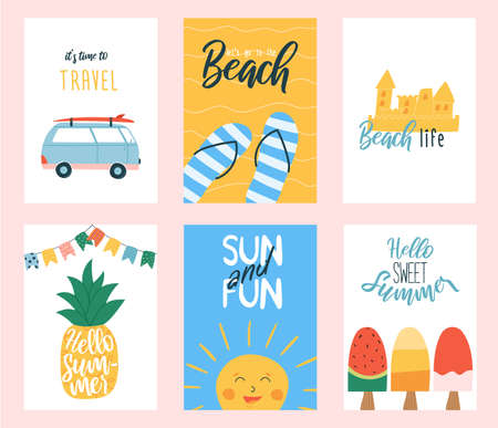 Collection of cute summer posters or greeting cards. Set of postcards with surfers car, flip flops, sand castle, pineapple, sun and ice cream.のイラスト素材