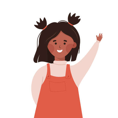 School girl raising hand during class. Pupil answer teachers question. Education concept.のイラスト素材