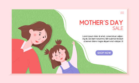 Mother's Day web banner template for shop. Woman with daughter laying on grass. Motherhood concept.のイラスト素材