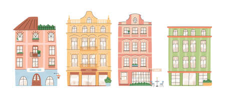 European city buildings isolated on white background. Bookstore, hotel and cafe. Cute vector illustration.のイラスト素材