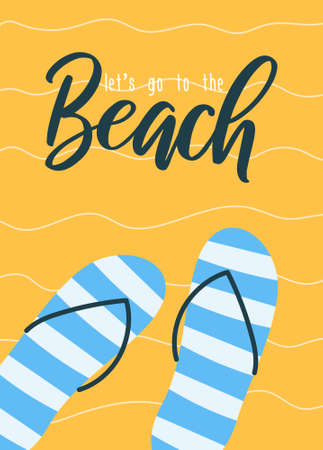 Cute summer poster or greeting card. Slippers on the sand. Vector illustration.のイラスト素材