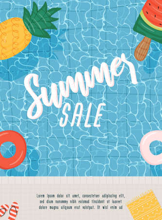 Summer sale poster or flyer with swimming pool and swim ring. Vector illustration for banner, web site, greeting card or brochure.のイラスト素材
