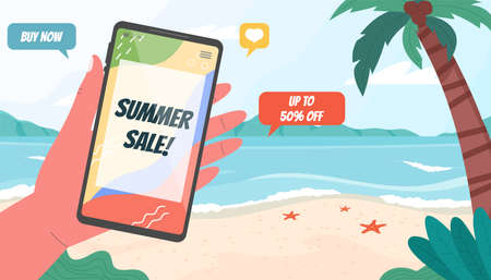 Summer sale web banner. Hand holds smart phone on the beach background. Landscape of sea, sand and palm tree. Season discount template. Vector illustration.のイラスト素材