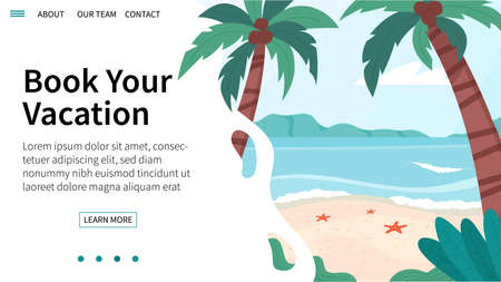 Vector landing page with summer landscape. Concept of traveling, booking hotel, vacation. Web banner with sea, beach and palm tree.のイラスト素材