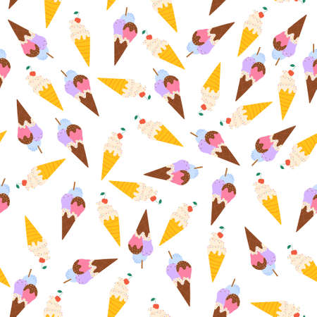 Cute summer seamless pattern with ice cream in waffle cone. Vector illustration.のイラスト素材