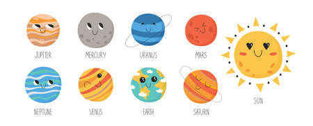 Collection of solar system planets. Cute hand drawn vector illustration for children.のイラスト素材