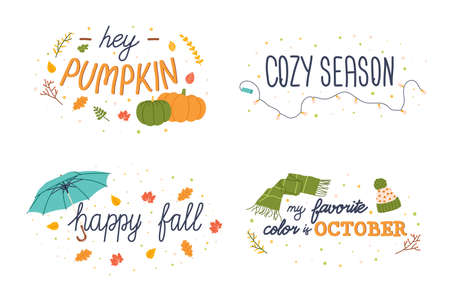 Autumn lettering set. Hand drawn fall season slogans. Vector illustration for stickers or scrapbooking.のイラスト素材